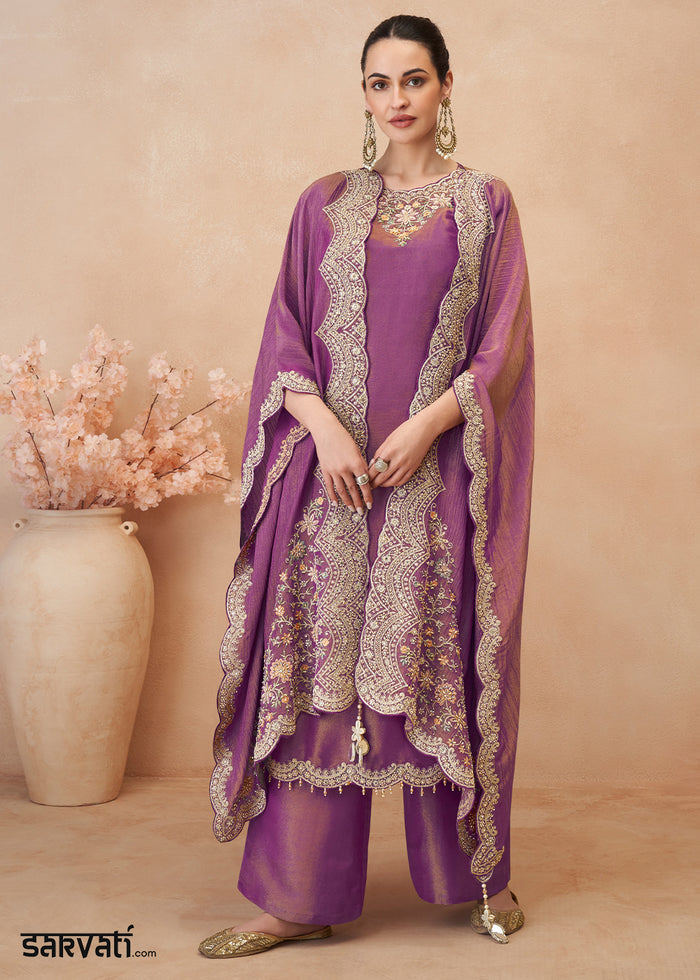 Tones of Purple Simar Silk Embroidered Palazzo Set with Jacket Style Dupatta