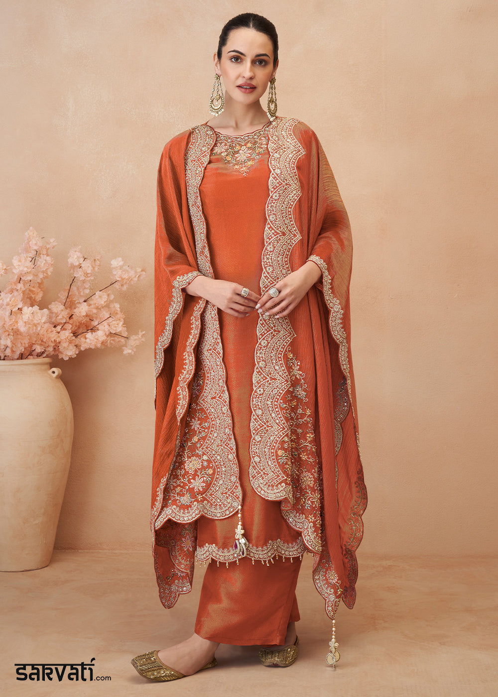 Tones of Orange Simar Silk Embroidered Palazzo Set with Jacket Style Dupatta