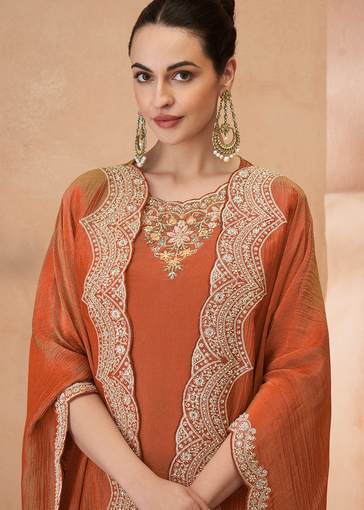 Tones of Orange Simar Silk Embroidered Palazzo Set with Jacket Style Dupatta