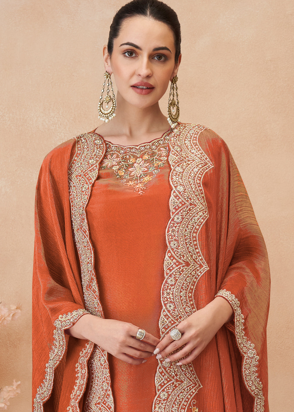 Tones of Orange Simar Silk Embroidered Palazzo Set with Jacket Style Dupatta