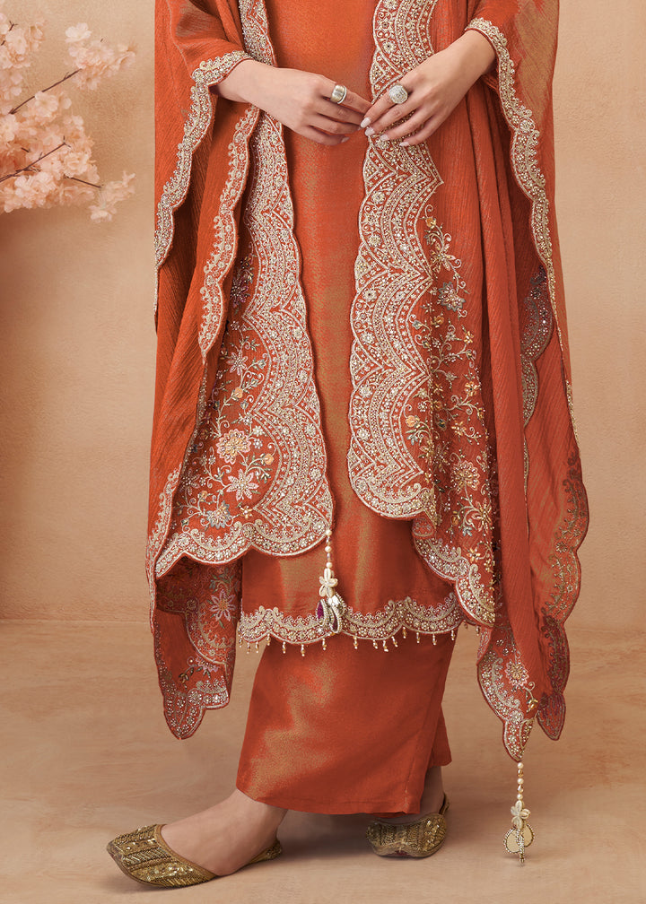 Tones of Orange Simar Silk Embroidered Palazzo Set with Jacket Style Dupatta