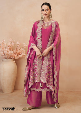 Tones of Pink Simar Silk Embroidered Palazzo Set with Jacket Style Dupatta