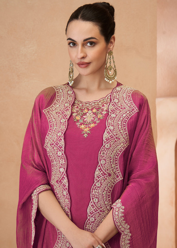 Tones of Pink Simar Silk Embroidered Palazzo Set with Jacket Style Dupatta