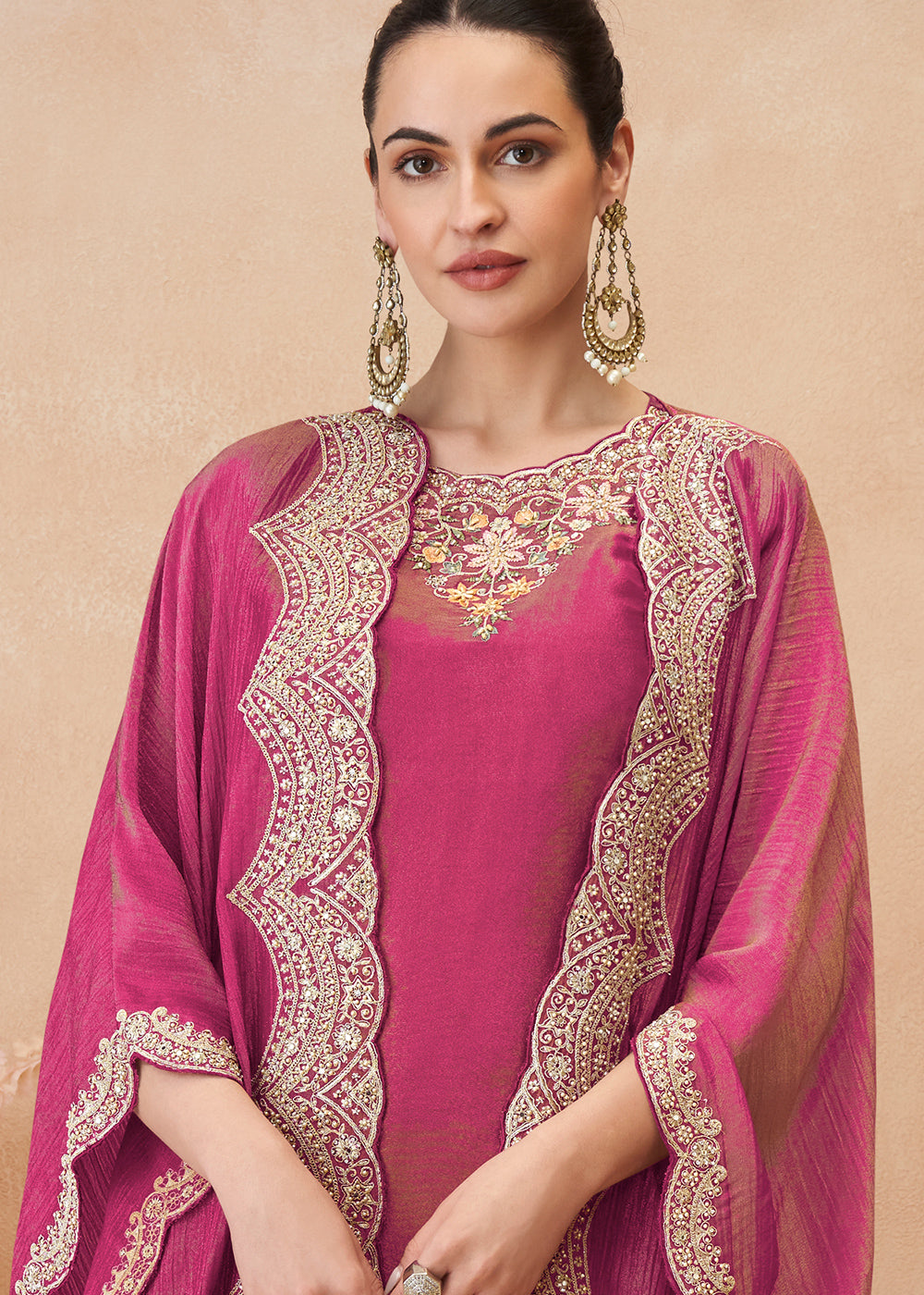 Tones of Pink Simar Silk Embroidered Palazzo Set with Jacket Style Dupatta