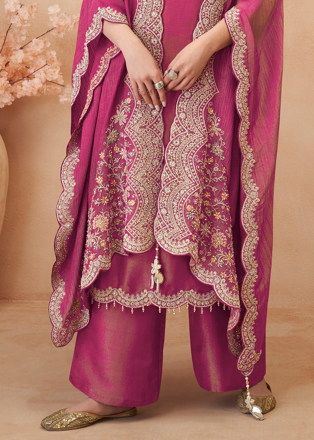 Tones of Pink Simar Silk Embroidered Palazzo Set with Jacket Style Dupatta