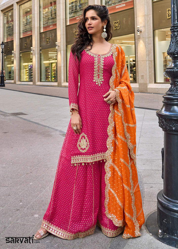 Cerise Pink Viscose Jacquard Silk Sharara Suit with Embroidery