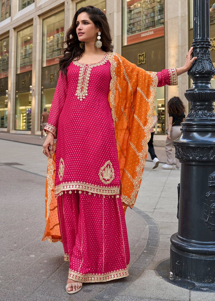 Cerise Pink Viscose Jacquard Silk Sharara Suit with Embroidery