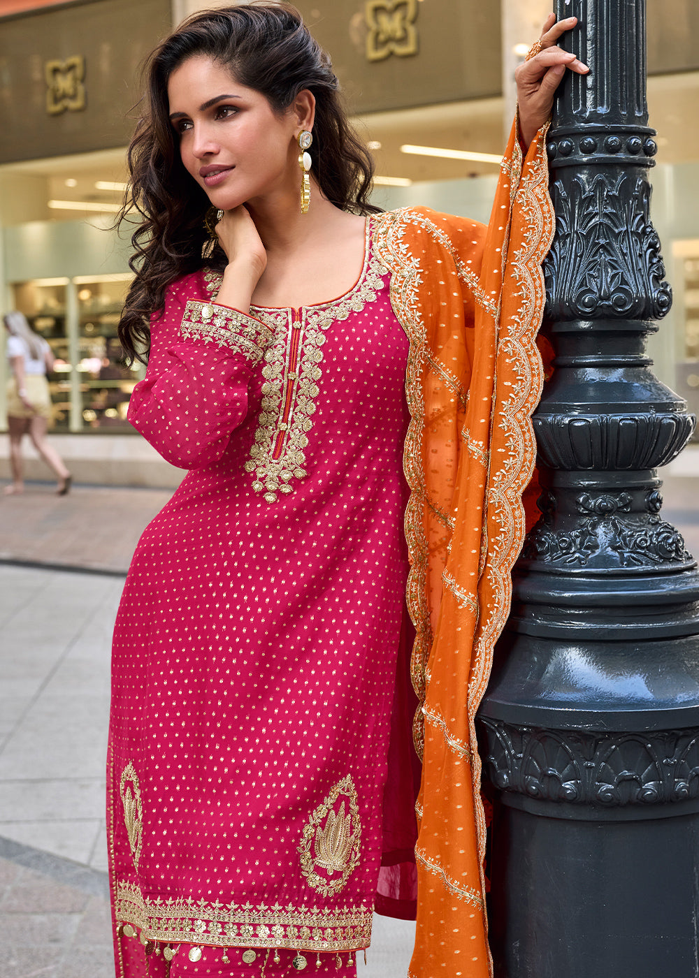 Cerise Pink Viscose Jacquard Silk Sharara Suit with Embroidery