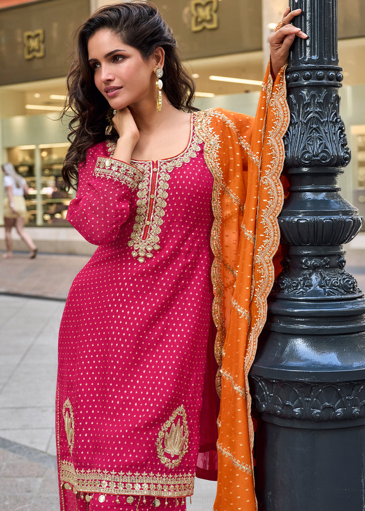 Cerise Pink Viscose Jacquard Silk Sharara Suit with Embroidery