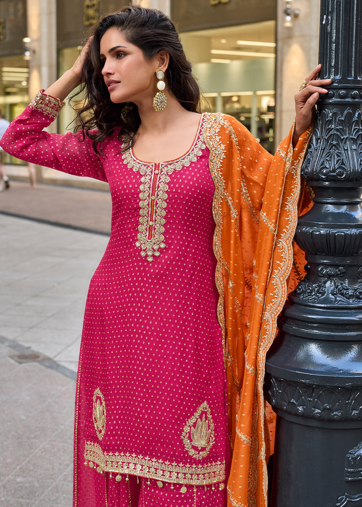 Cerise Pink Viscose Jacquard Silk Sharara Suit with Embroidery