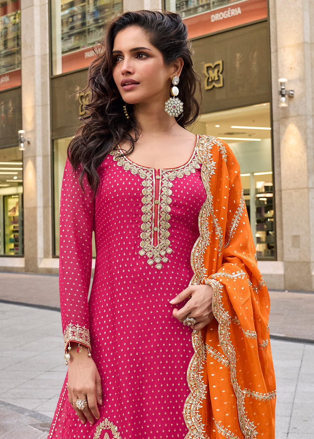 Cerise Pink Viscose Jacquard Silk Sharara Suit with Embroidery