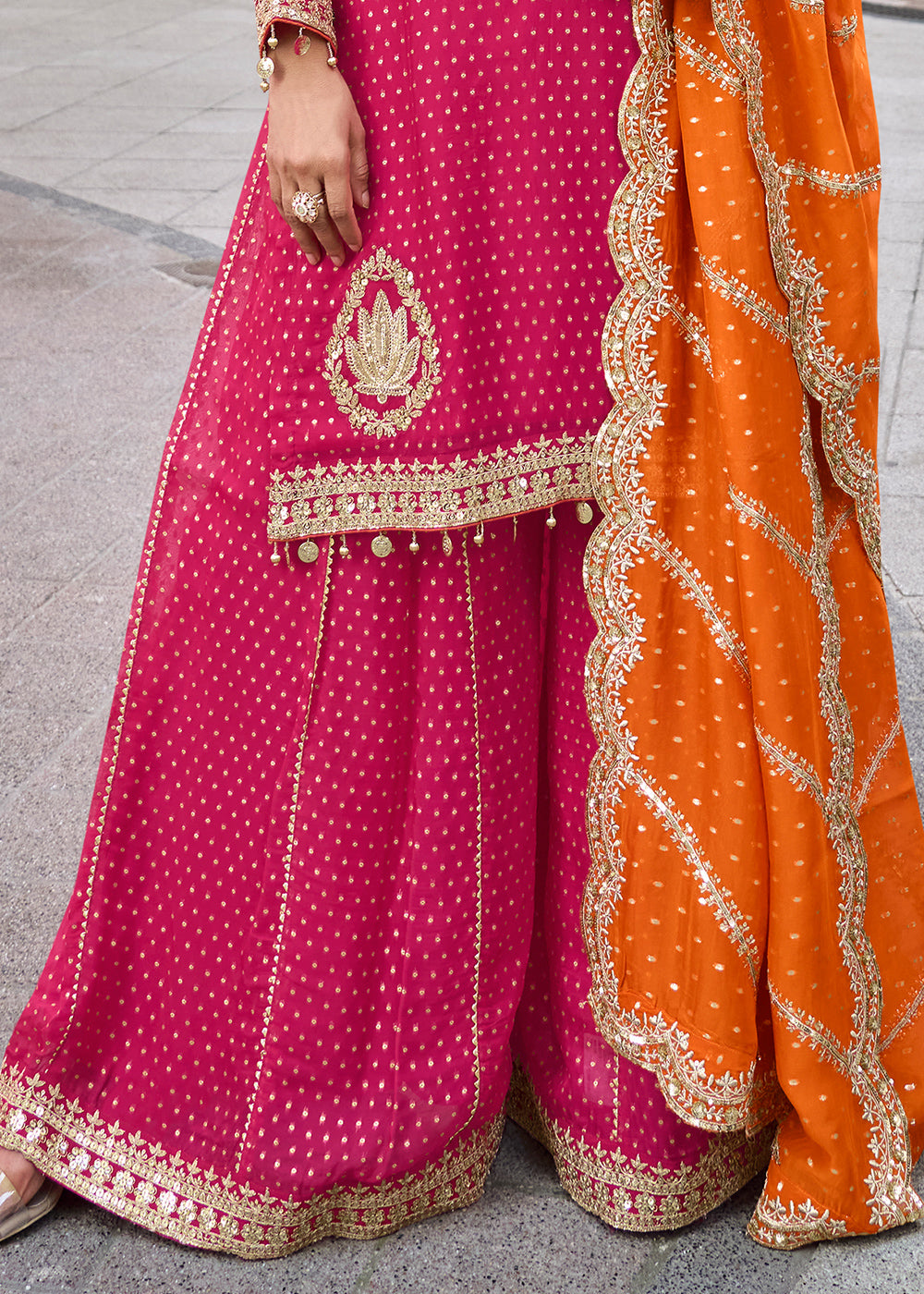 Cerise Pink Viscose Jacquard Silk Sharara Suit with Embroidery