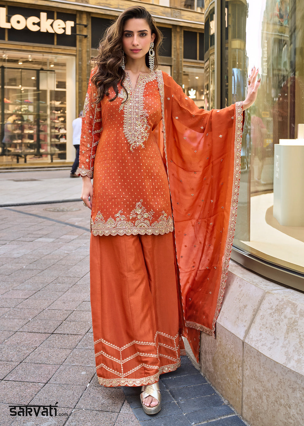 Persimmon Orange Viscose Jacquard Silk Sharara Suit with Embroidery
