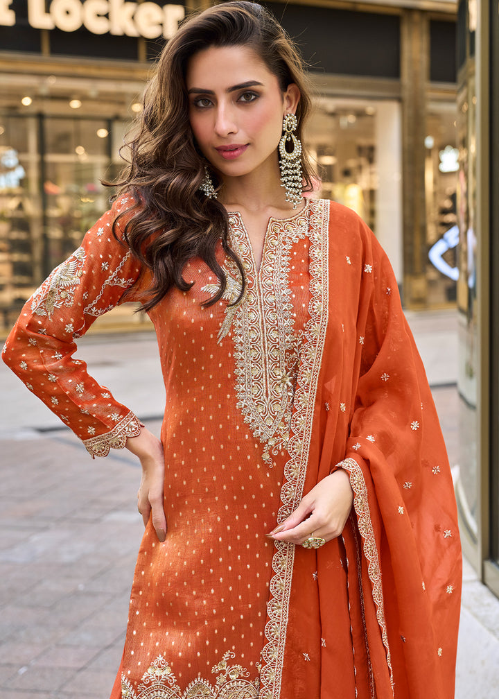 Persimmon Orange Viscose Jacquard Silk Sharara Suit with Embroidery