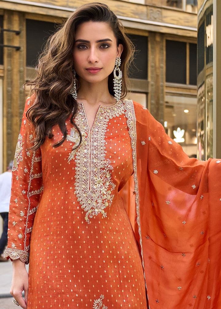 Persimmon Orange Viscose Jacquard Silk Sharara Suit with Embroidery