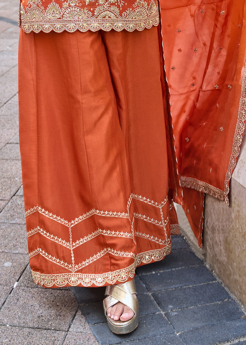 Persimmon Orange Viscose Jacquard Silk Sharara Suit with Embroidery