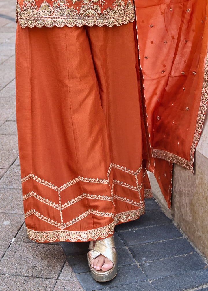 Persimmon Orange Viscose Jacquard Silk Sharara Suit with Embroidery