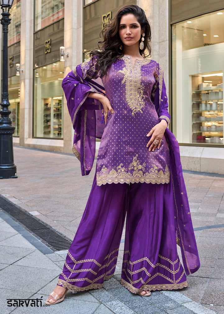 True Purple Viscose Jacquard Silk Sharara Suit with Embroidery