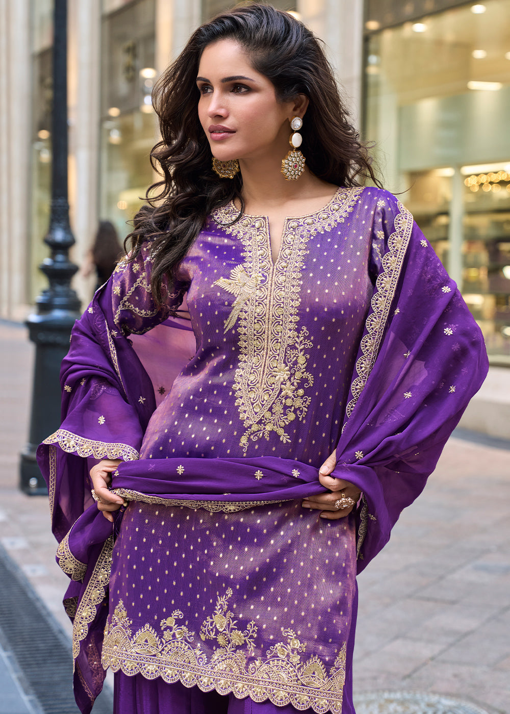 True Purple Viscose Jacquard Silk Sharara Suit with Embroidery