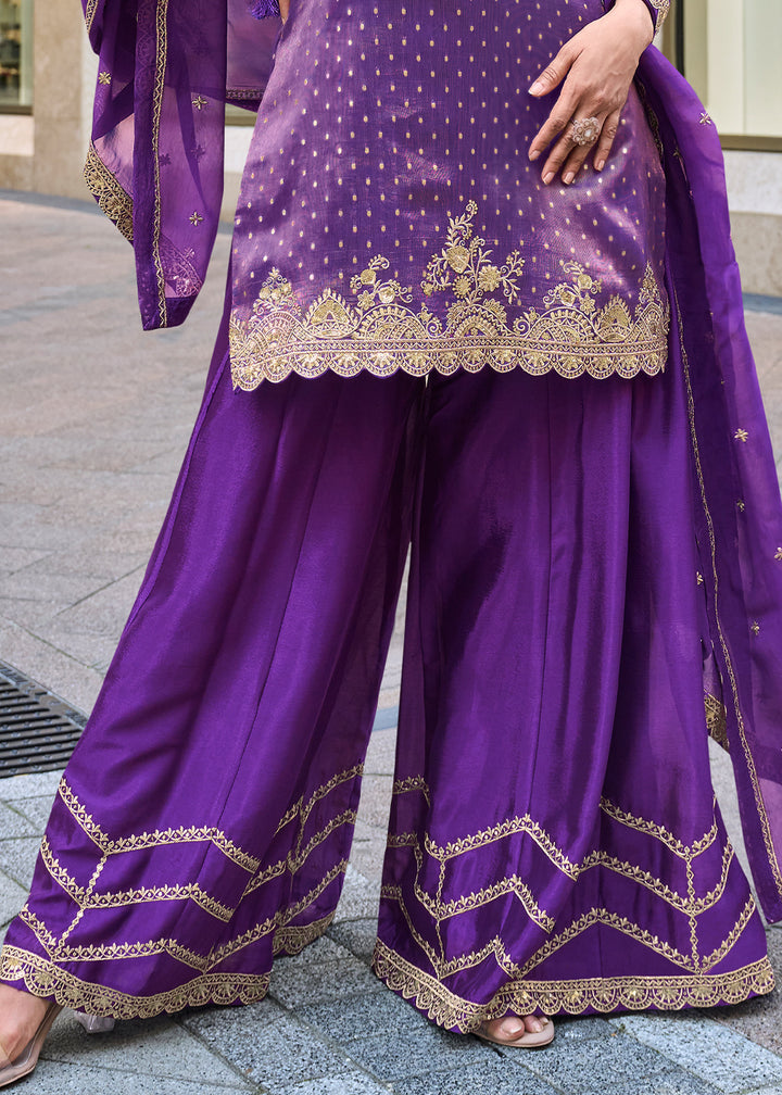 True Purple Viscose Jacquard Silk Sharara Suit with Embroidery