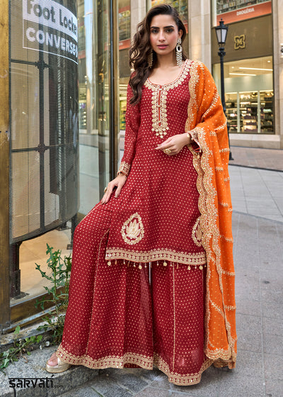 Rufous Brown Viscose Jacquard Silk Sharara Suit with Embroidery
