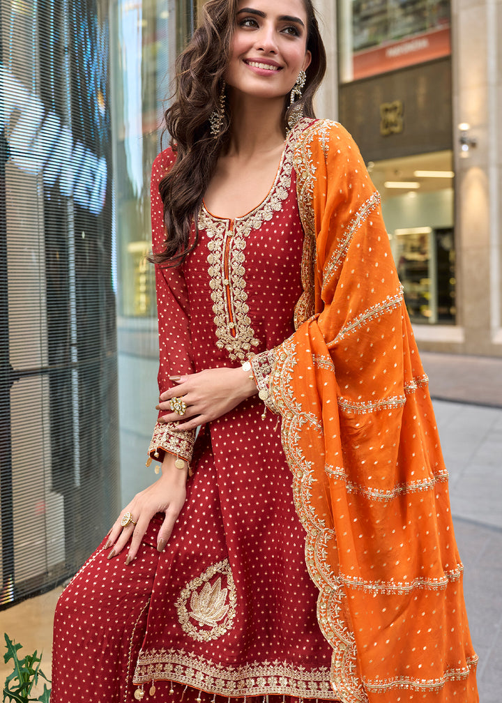 Rufous Brown Viscose Jacquard Silk Sharara Suit with Embroidery