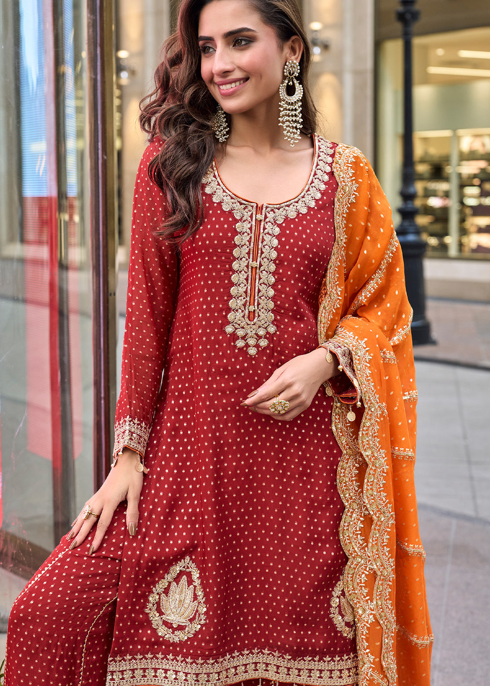 Rufous Brown Viscose Jacquard Silk Sharara Suit with Embroidery