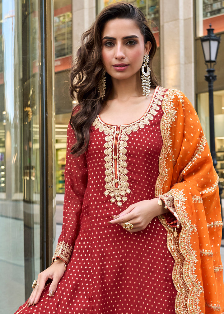 Rufous Brown Viscose Jacquard Silk Sharara Suit with Embroidery