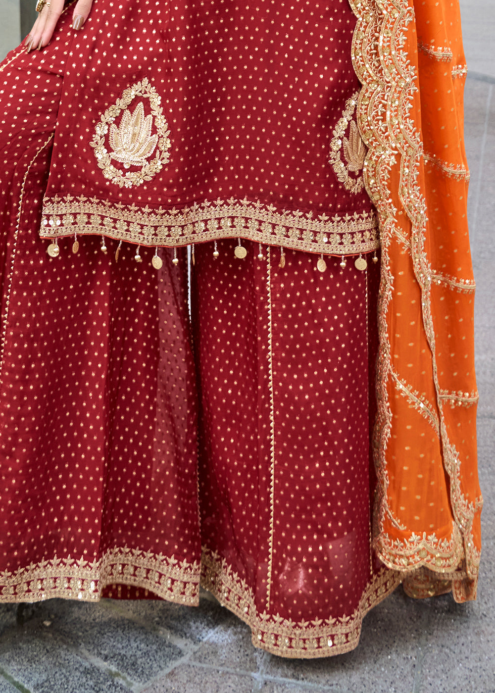 Rufous Brown Viscose Jacquard Silk Sharara Suit with Embroidery
