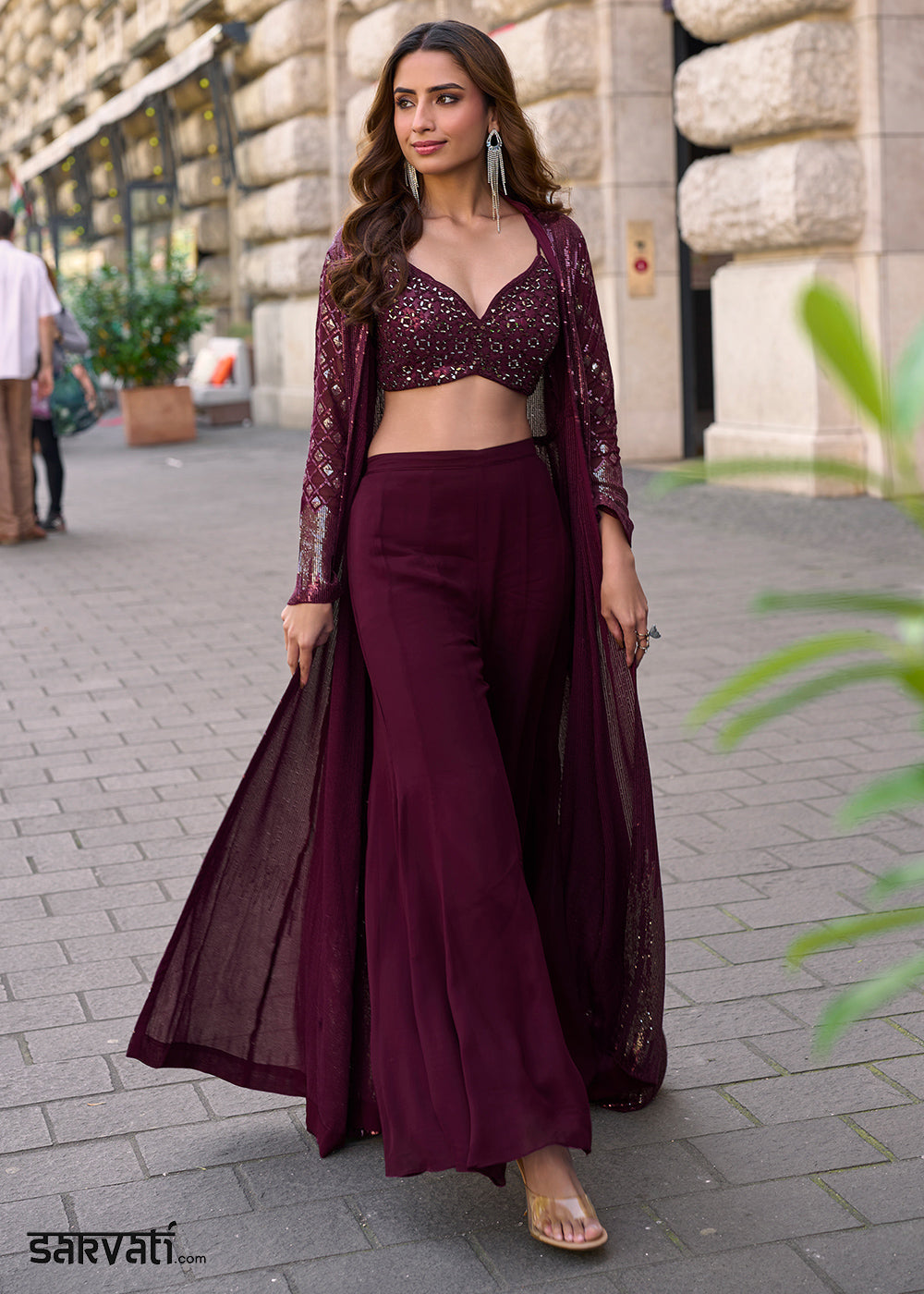 Boysenberry Purple Georgette Palazzo Set with Embellished Jacket
