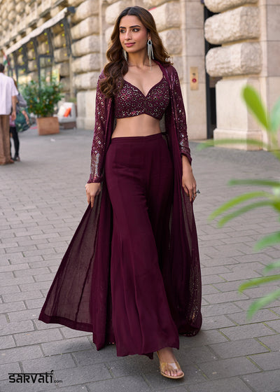 Boysenberry Purple Georgette Palazzo Set with Embellished Jacket
