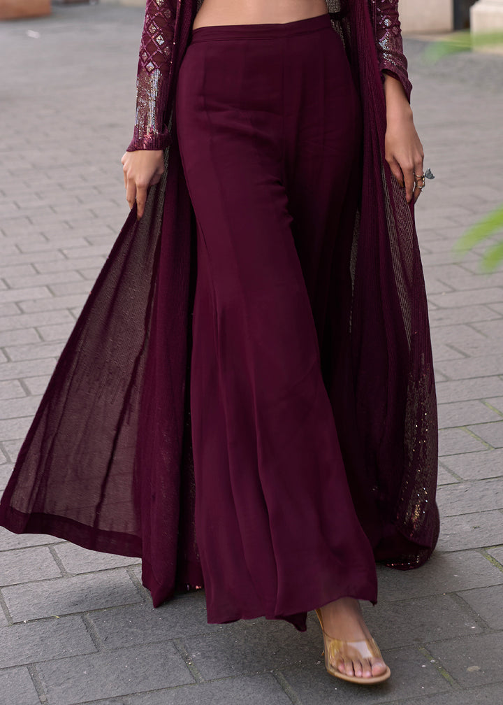 Boysenberry Purple Georgette Palazzo Set with Embellished Jacket