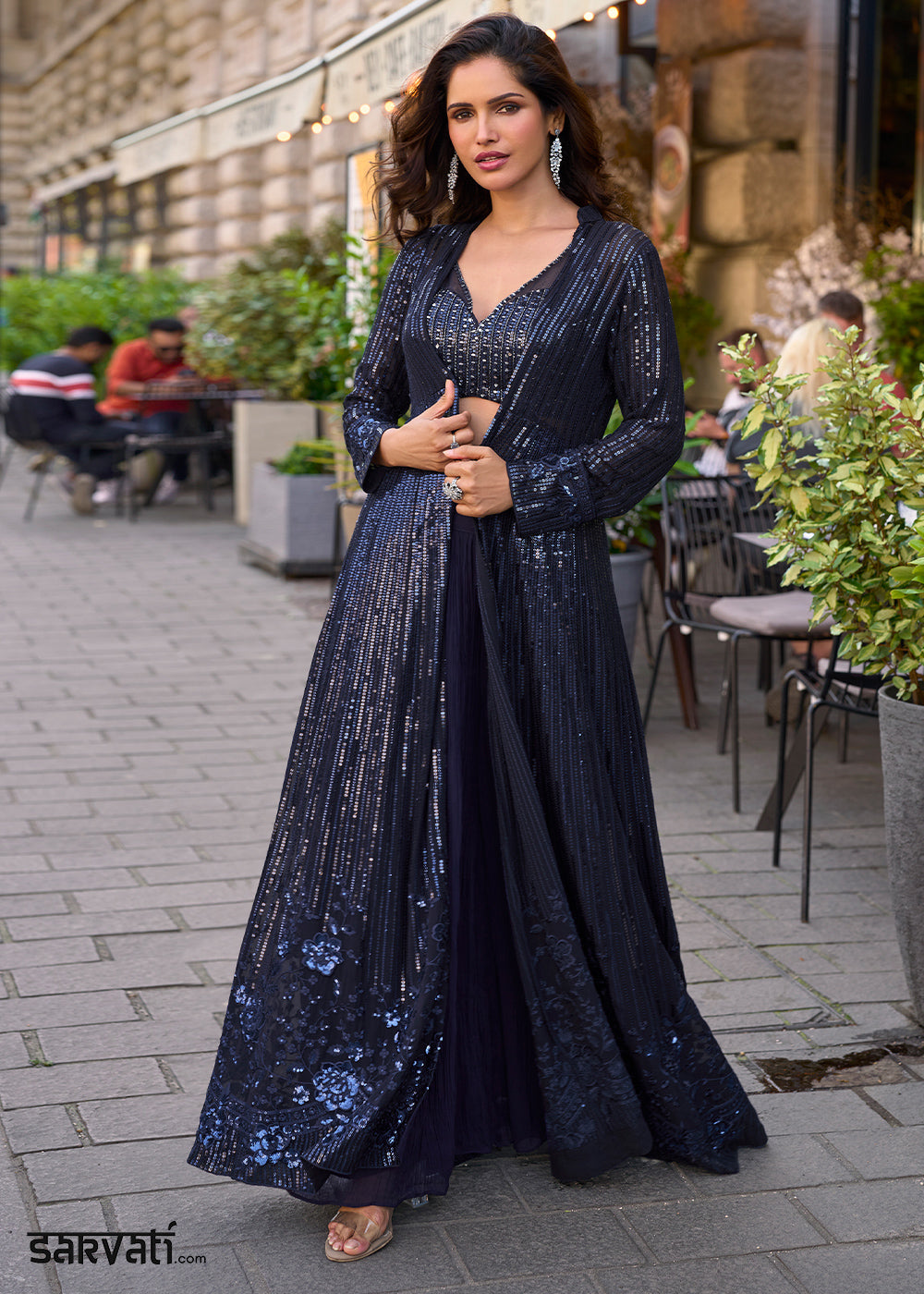 Space Blue Georgette Palazzo Set with Embellished Jacket