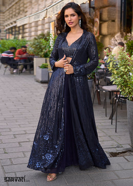 Space Blue Georgette Palazzo Set with Embellished Jacket