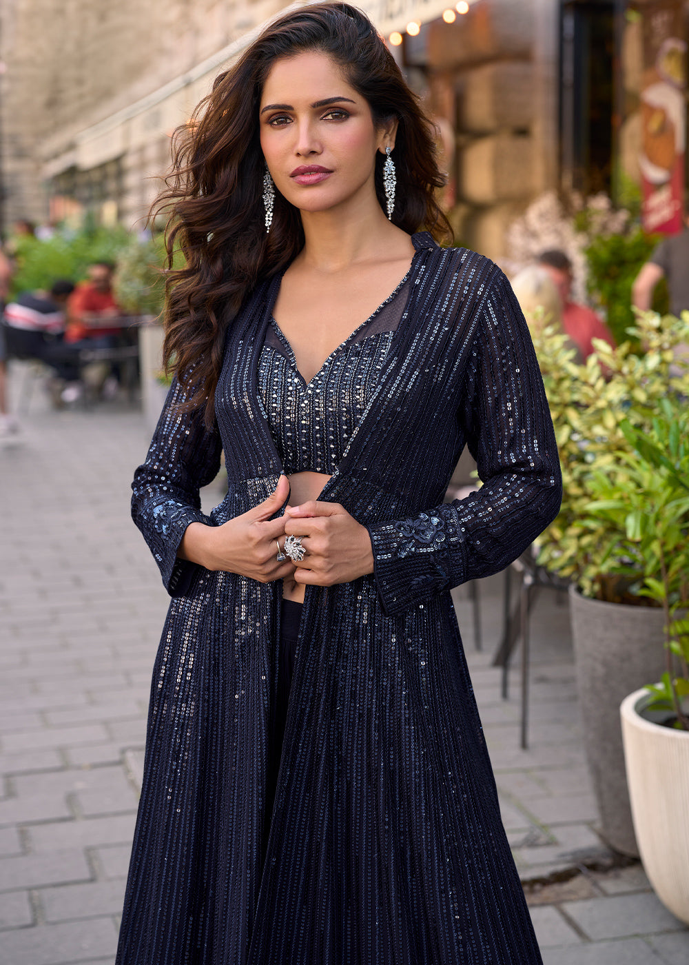 Space Blue Georgette Palazzo Set with Embellished Jacket
