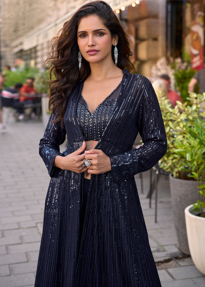 Space Blue Georgette Palazzo Set with Embellished Jacket