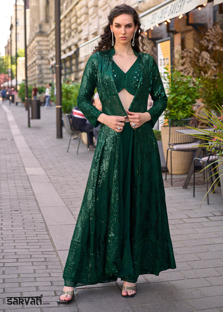 Sacramento Green Georgette Palazzo Set with Embellished Jacket