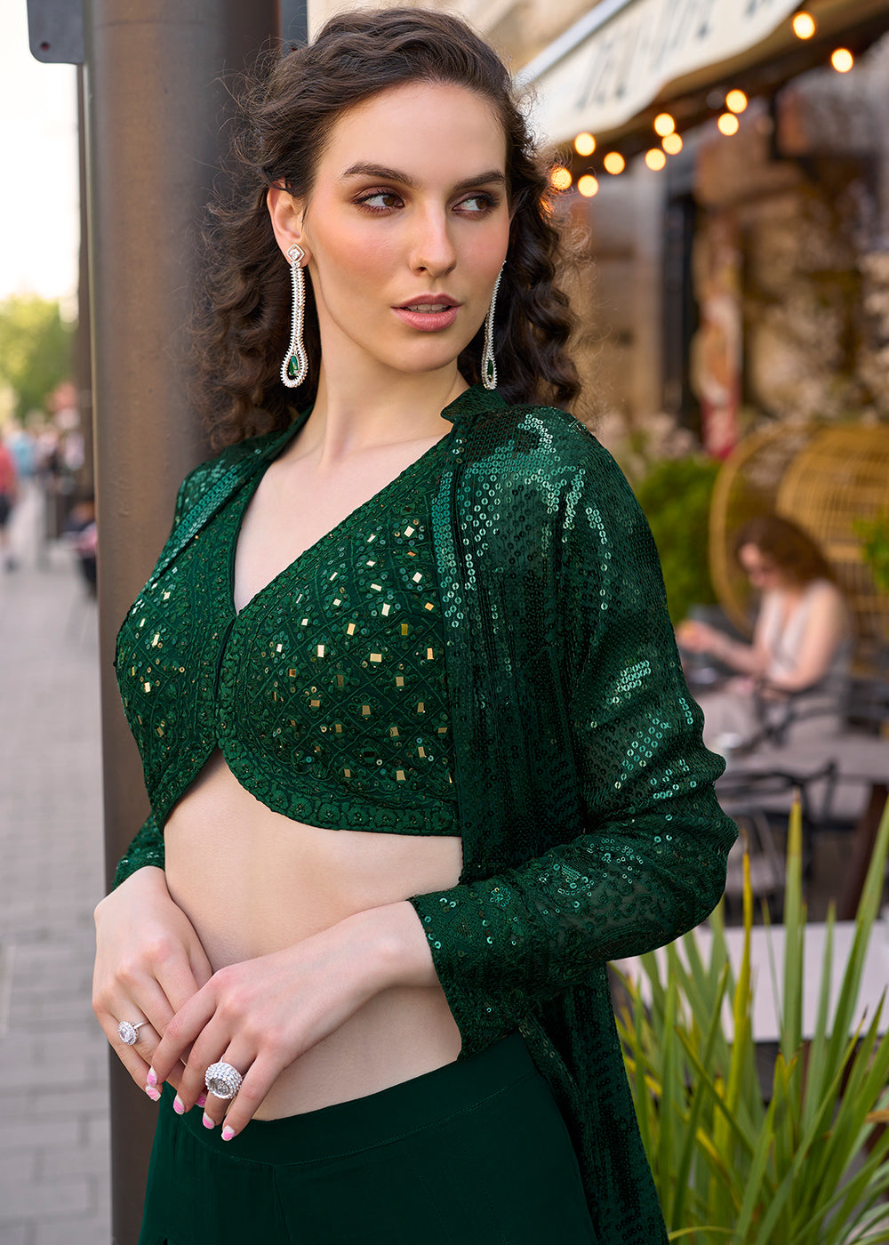 Sacramento Green Georgette Palazzo Set with Embellished Jacket