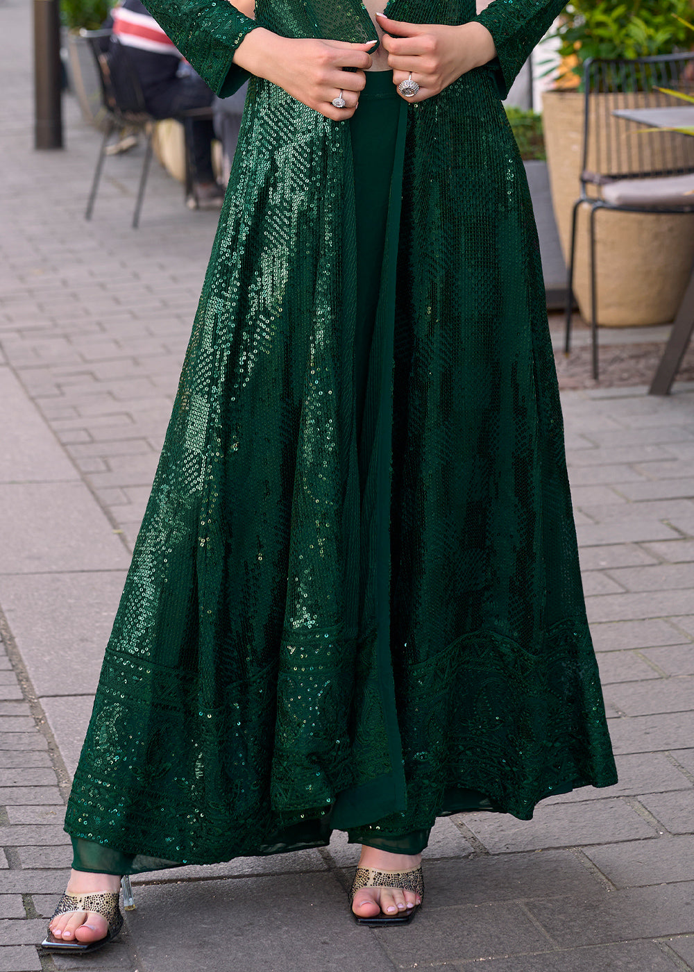 Sacramento Green Georgette Palazzo Set with Embellished Jacket