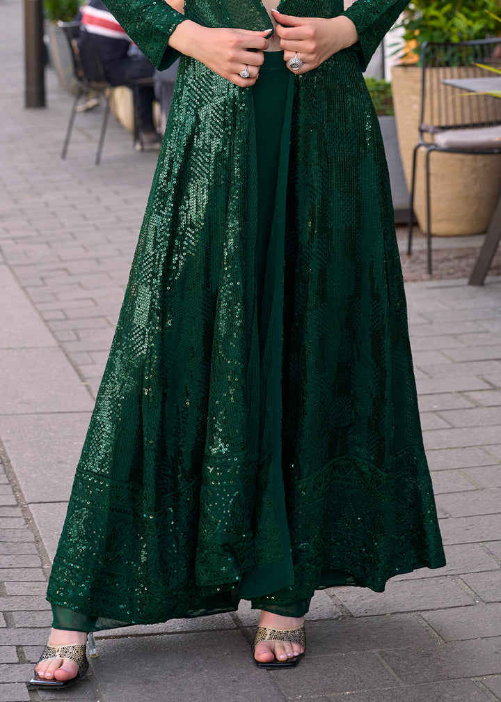 Sacramento Green Georgette Palazzo Set with Embellished Jacket