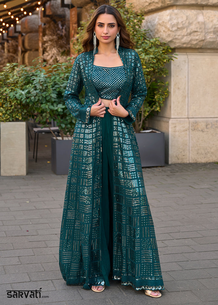 Dark Teal Blue Georgette Palazzo Set with Embellished Jacket