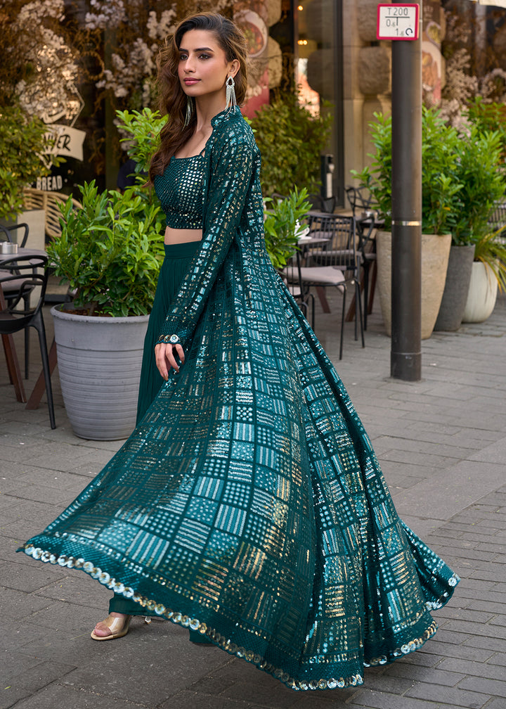 Dark Teal Blue Georgette Palazzo Set with Embellished Jacket