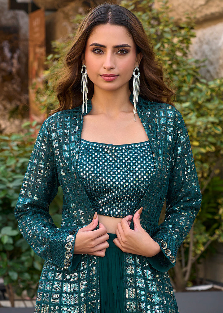 Dark Teal Blue Georgette Palazzo Set with Embellished Jacket