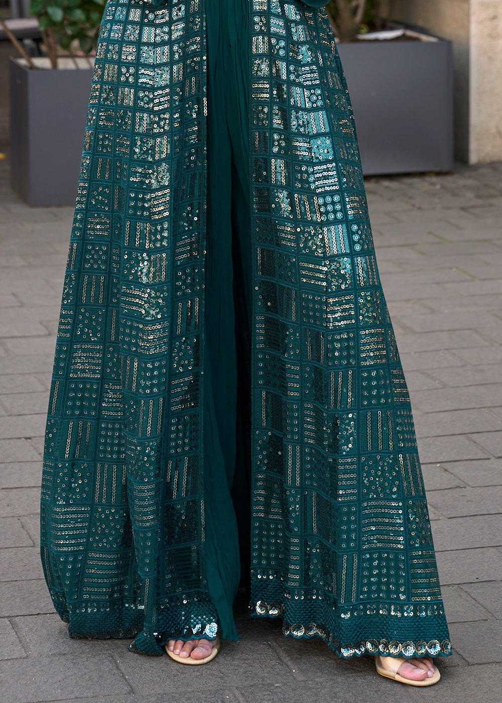 Dark Teal Blue Georgette Palazzo Set with Embellished Jacket