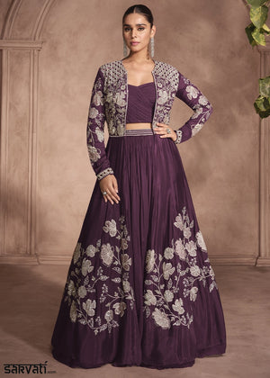 Eggplant Purple Chinon Silk Top and Lehenga Outfit with Embroidery Shrug