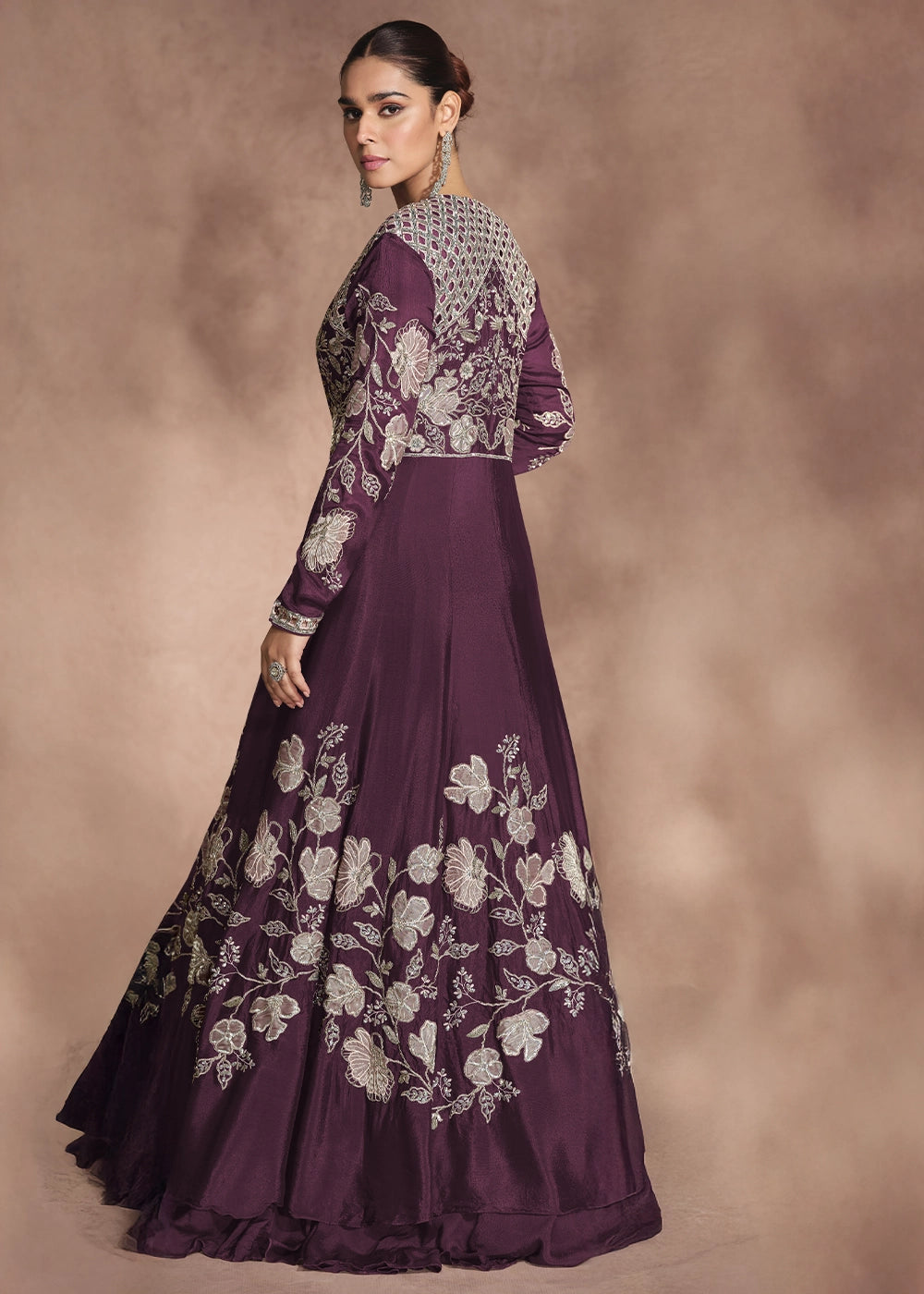 Eggplant Purple Chinon Silk Top and Lehenga Outfit with Embroidery Shrug