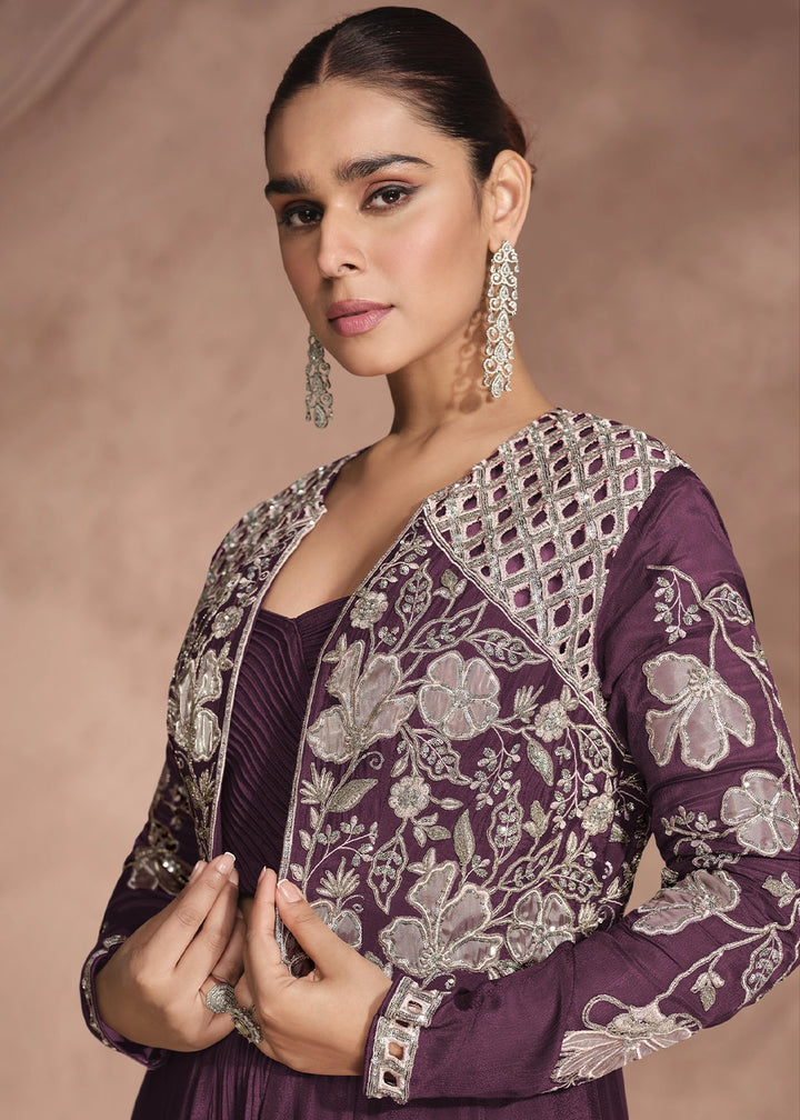 Eggplant Purple Chinon Silk Top and Lehenga Outfit with Embroidery Shrug