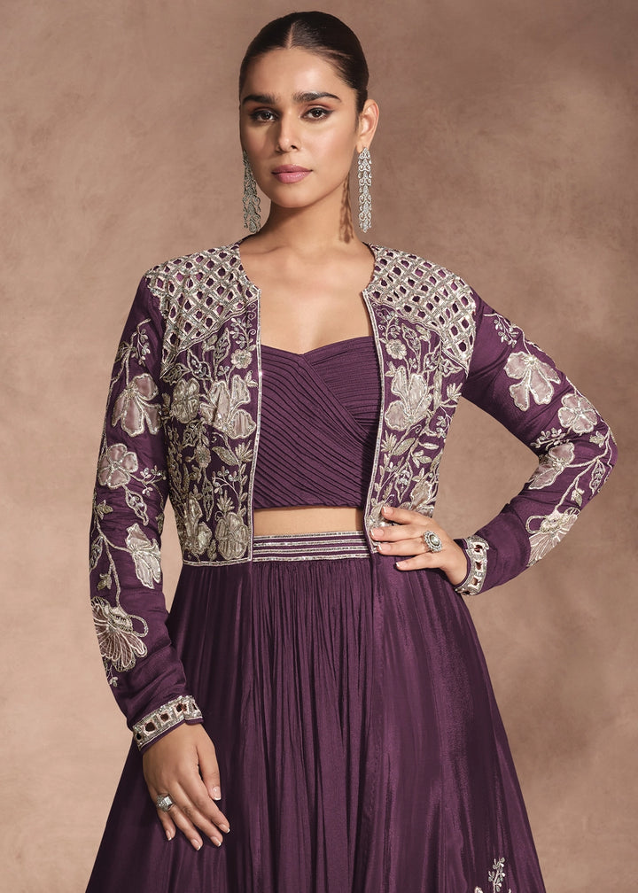 Eggplant Purple Chinon Silk Top and Lehenga Outfit with Embroidery Shrug