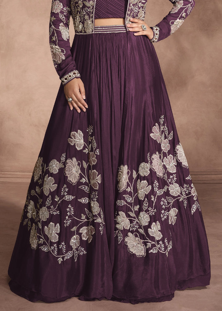 Eggplant Purple Chinon Silk Top and Lehenga Outfit with Embroidery Shrug