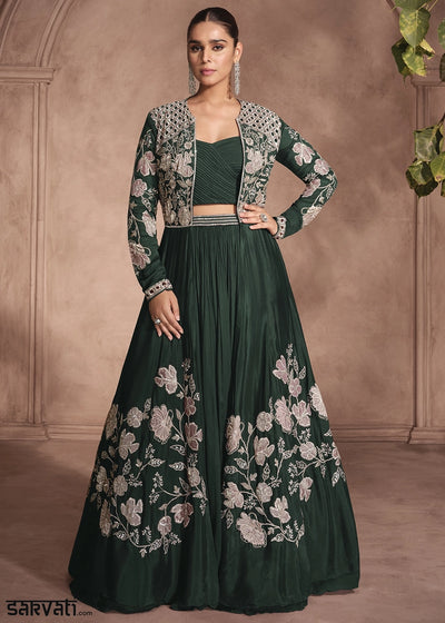 Sacramento Green Chinon Silk Top and Lehenga Outfit with Embroidery Shrug